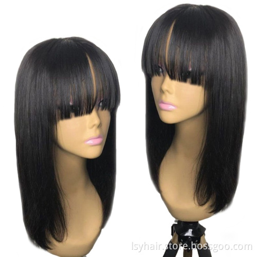 8 10 12 14 Short Human Hair Lace Closure Wigs With Bangs, Brazilian Straight Hair Bob Lace Wig With Front Fringe Bangs